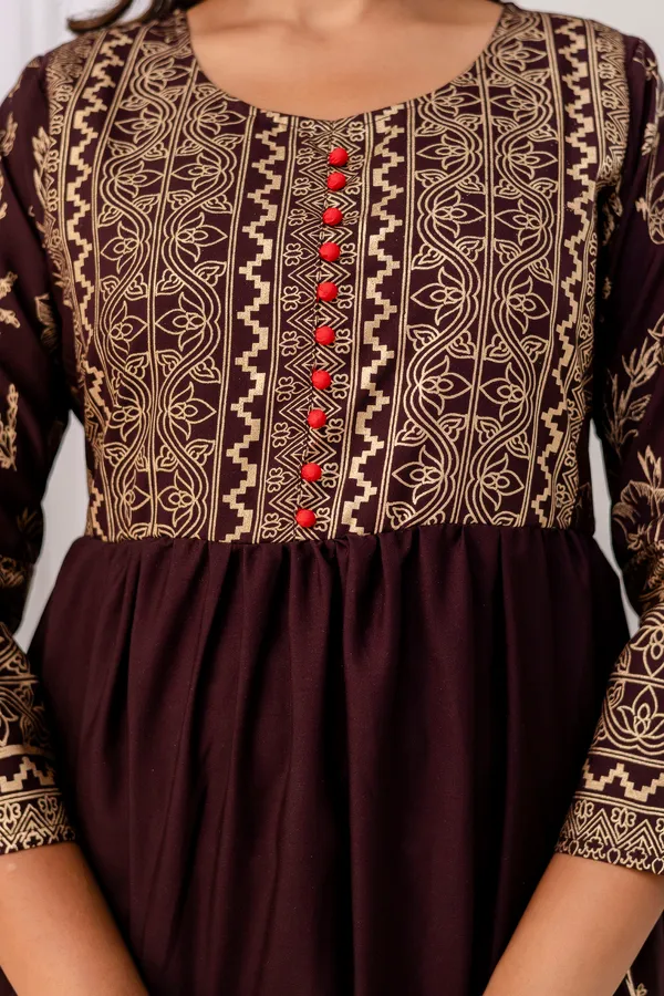 Wine_Rayon_Gold_Print_Kalf_Length_Kurti_For_Women