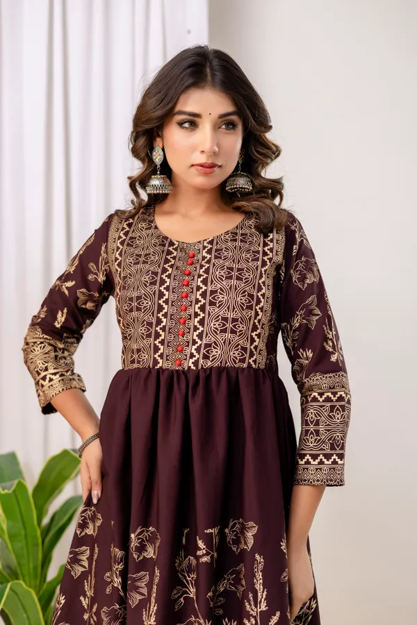 Wine_Rayon_Gold_Print_Kalf_Length_Kurti_For_Women