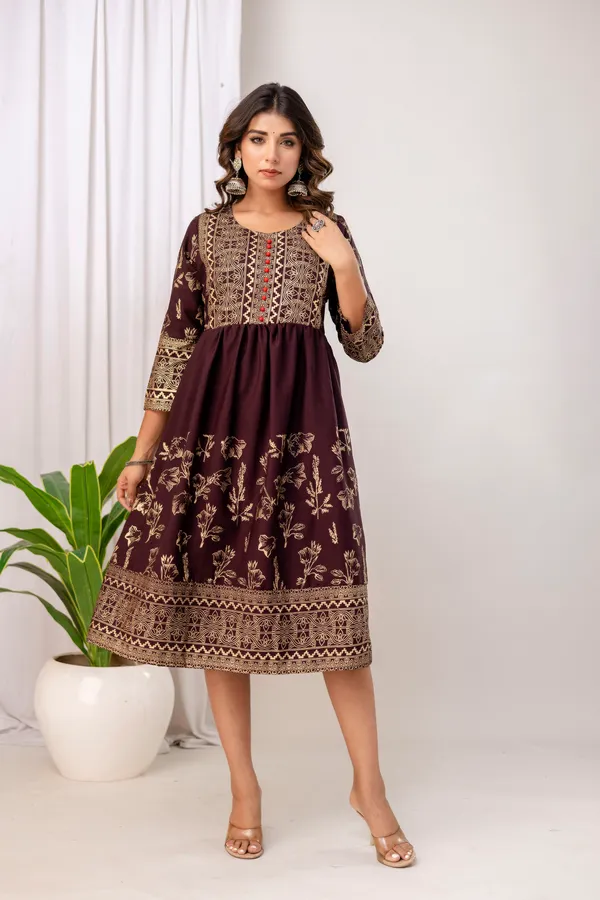 Wine_Rayon_Gold_Print_Kalf_Length_Kurti_For_Women