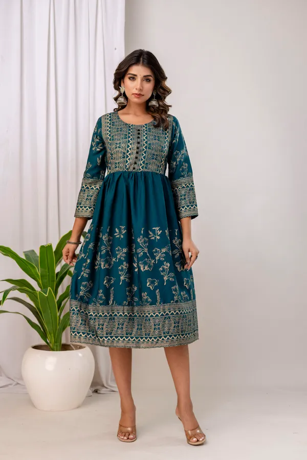 Rama_Green_Rayon_Gold_Print_Kalf_Length_Kurti_For_Women