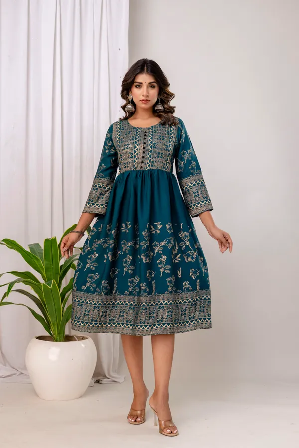 Rama_Green_Rayon_Gold_Print_Kalf_Length_Kurti_For_Women