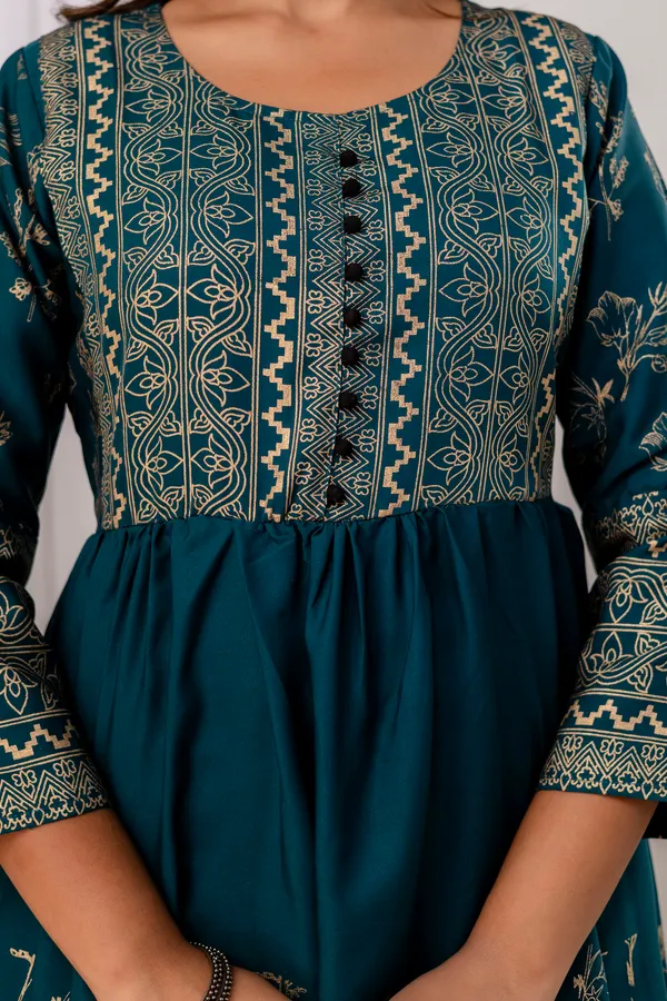 Rama_Green_Rayon_Gold_Print_Kalf_Length_Kurti_For_Women