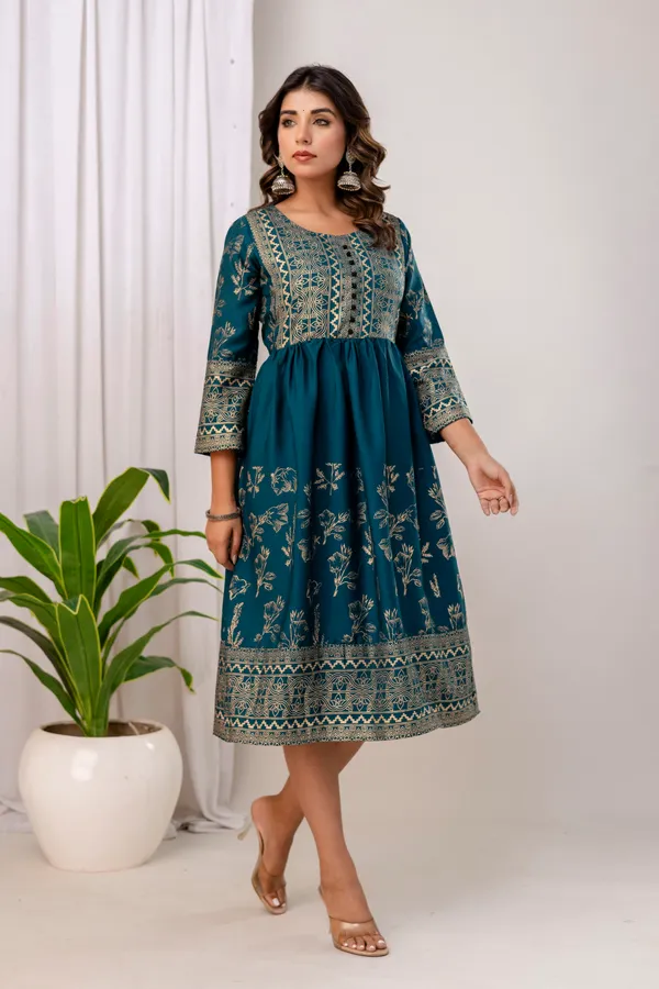 Rama_Green_Rayon_Gold_Print_Kalf_Length_Kurti_For_Women