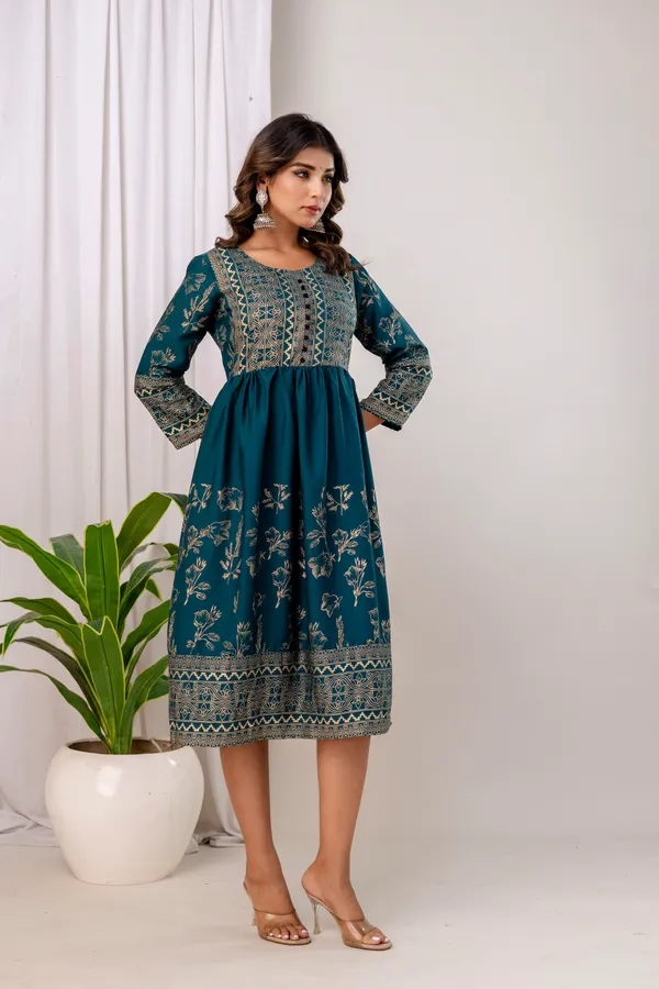 Rama_Green_Rayon_Gold_Print_Kalf_Length_Kurti_For_Women