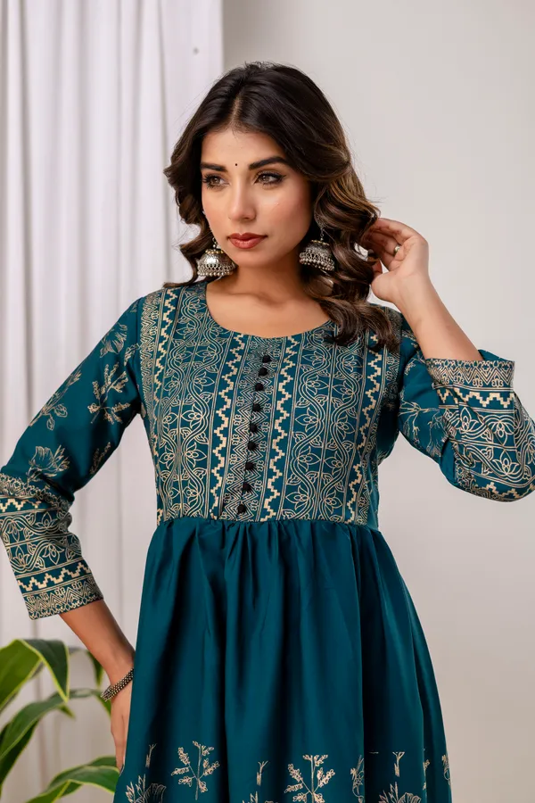 Rama_Green_Rayon_Gold_Print_Kalf_Length_Kurti_For_Women