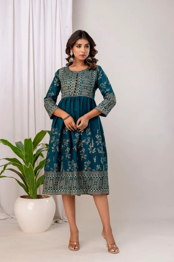 Rama_Green_Rayon_Gold_Print_Kalf_Length_Kurti_For_Women