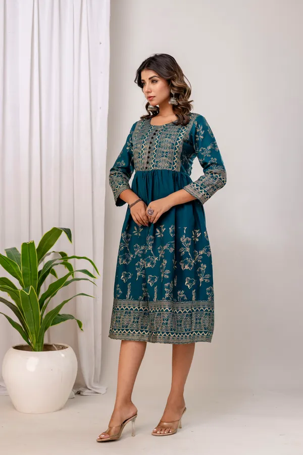 Rama_Green_Rayon_Gold_Print_Kalf_Length_Kurti_For_Women