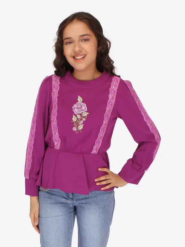 Cutecumber_Girls_Georgette_3/4th_Embroidered_Full_Sleeves_Top_Purple