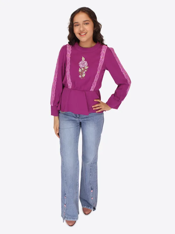 Cutecumber_Girls_Georgette_3/4th_Embroidered_Full_Sleeves_Top_Purple