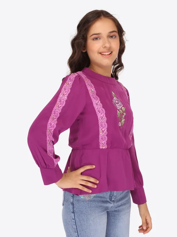 Cutecumber_Girls_Georgette_3/4th_Embroidered_Full_Sleeves_Top_Purple