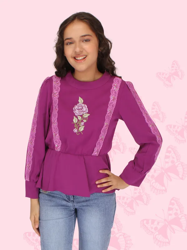 Cutecumber_Girls_Georgette_3/4th_Embroidered_Full_Sleeves_Top_Purple