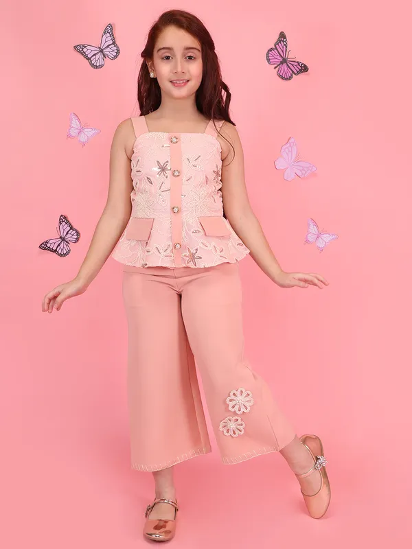Cutecumber_Girls_Peach_Embroidered_Two_Piece_Clothing_Set_with_Net_&_Polyester_Fabric_Zip_Closure_Sleeveless_Top_Square_Neck_Palazzo_Pants_Stylish_Kids_Party_for_Baby_Girls_and_Girls_1_to_15_Yrs