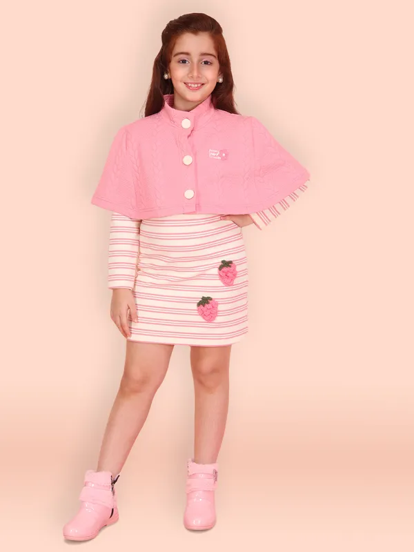 Cutecumber_Pink_Striped_Knit_Dress_with_Buttoned_Cape_Overlay_for_Girls_Stylish_Winter_Outfit_Trendy_Casual_&_Festive_Clothing_for_Baby_Girls_&_Kids_Age_1�15_Yrs