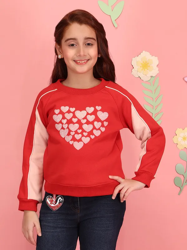 Cutecumber_Girls'_Winter_Sweatshirt_Red_Fleece_Fabric_Round_Neck_Full_Sleeve_Pullover_Top_Glitter_Heart_Embellished_Stylish_Zip_Closure_Fancy_Casual_Outfit_for_Baby_Girls_&_Kids_Age_1-15_Yrs