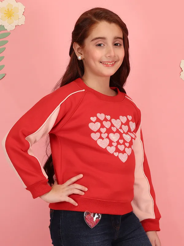 Cutecumber_Girls'_Winter_Sweatshirt_Red_Fleece_Fabric_Round_Neck_Full_Sleeve_Pullover_Top_Glitter_Heart_Embellished_Stylish_Zip_Closure_Fancy_Casual_Outfit_for_Baby_Girls_&_Kids_Age_1-15_Yrs