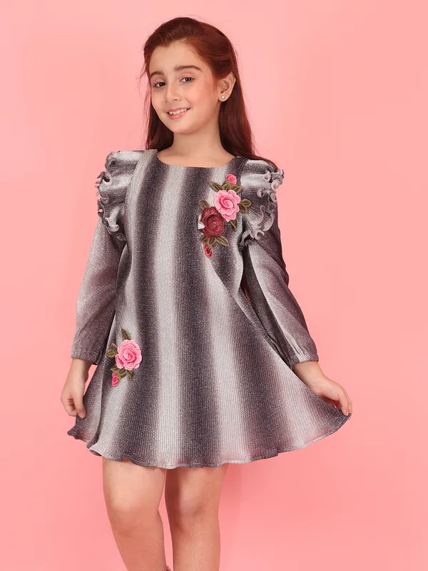 Cutecumber_Winter_Suede_Party_Dress_for_Girls_Grey_Glitter_Round_Neck_Full_Sleeve_Knee-Length_Frock_Rose_Embroidery_Zip_Closure_Wedding_Birthday_Party_Outfit_for_Baby_Girls_&_Kids_Age_1-15_Yrs