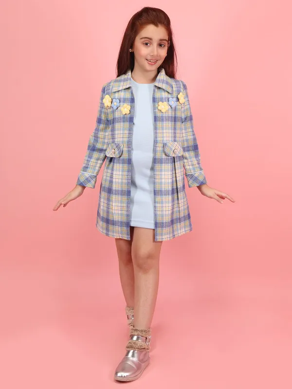 Cutecumber_Girls_Blue_&_Yellow_Check_Waffle_Fabric_Two-Piece_Dress_Set_with_Floral_Appliqu�_&_Long_Sleeve_Jacket_Knee-Length_Party_&_Winterwear_for_Baby_Girls_&_Kids_(1�15_Years)