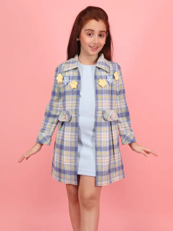 Cutecumber_Girls_Blue_&_Yellow_Check_Waffle_Fabric_Two-Piece_Dress_Set_with_Floral_Appliqu�_&_Long_Sleeve_Jacket_Knee-Length_Party_&_Winterwear_for_Baby_Girls_&_Kids_(1�15_Years)
