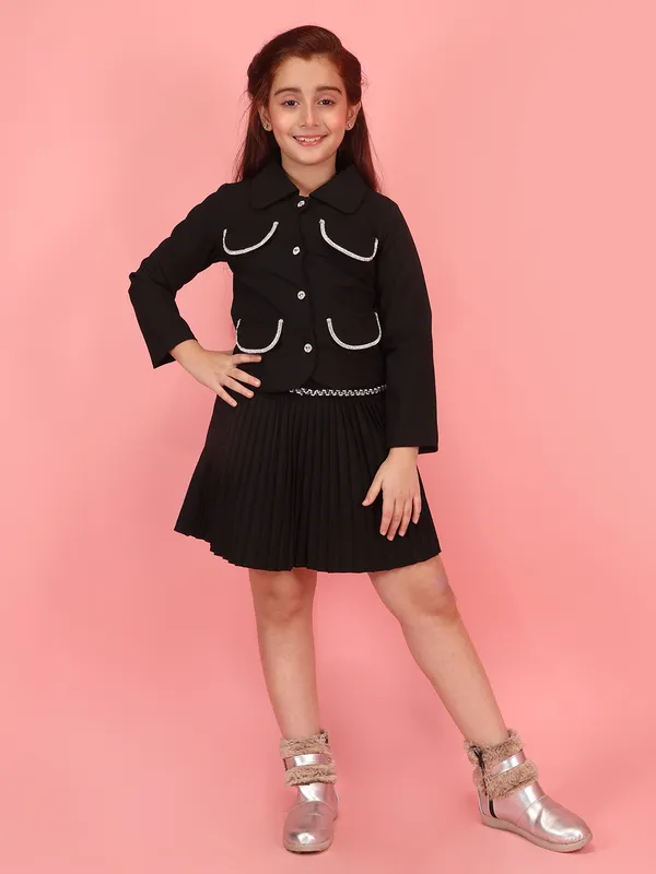 Cutecumber_Black_Winter_Western_Outfit_Clothing_Set_Black_White_Trim_Collar_Neck_Full_Sleeve_Pleated_Skirt_Suit_Neoprene_Velour_Fabric_Front_Closure_Party_Outfit_For_Baby_Girls_&_Kids_Age_1-15_Yrs