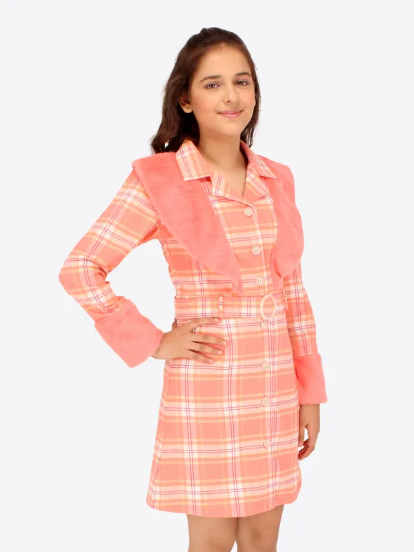 Cutecumber_Girls_Fur,Satin_&_Check_Fabric_Checkered_A-line_Shirt_Style_Full_Sleeve_Dress.CC7755D-ORANGE-44
