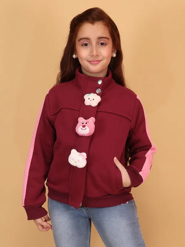 Cutecumber_Plum_Stylish_Winter_Jacket_For_Girls'_Fleece_High_Neck_Full_Sleeve_Bomber_Style_Character_Embellished_Zip_Closure_Fancy_Wear_Casual_Outfit_for_Baby_Girls_&_Kids_Age_1-15_Yrs