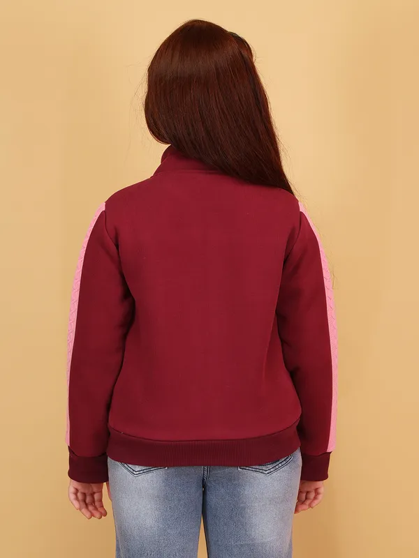 Cutecumber_Plum_Stylish_Winter_Jacket_For_Girls'_Fleece_High_Neck_Full_Sleeve_Bomber_Style_Character_Embellished_Zip_Closure_Fancy_Wear_Casual_Outfit_for_Baby_Girls_&_Kids_Age_1-15_Yrs