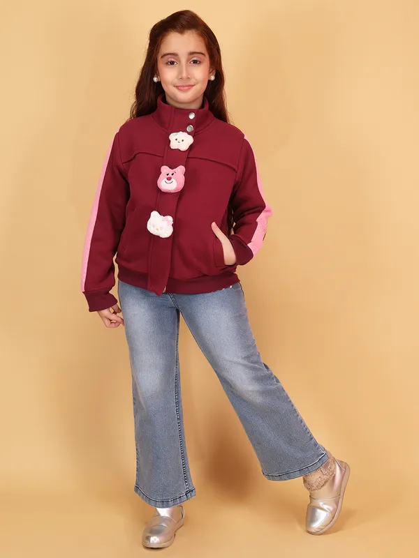 Cutecumber_Plum_Stylish_Winter_Jacket_For_Girls'_Fleece_High_Neck_Full_Sleeve_Bomber_Style_Character_Embellished_Zip_Closure_Fancy_Wear_Casual_Outfit_for_Baby_Girls_&_Kids_Age_1-15_Yrs