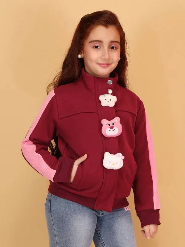 Cutecumber_Plum_Stylish_Winter_Jacket_For_Girls'_Fleece_High_Neck_Full_Sleeve_Bomber_Style_Character_Embellished_Zip_Closure_Fancy_Wear_Casual_Outfit_for_Baby_Girls_&_Kids_Age_1-15_Yrs