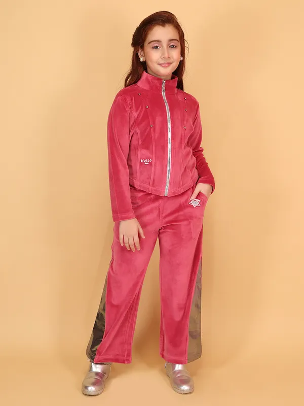 Cutecumber_Fuchsia_Winter_Track_Suit_Set_For_Girls'_Mock_Neck_Full_Sleeve_Straight_Fit_Trouser_Set_Metallic_Stripes_Stylish_Full_Zipper_Closure_Casual_Party_Outfit_for_Baby_Girls_&_Kids_Age_1-15_Yrs