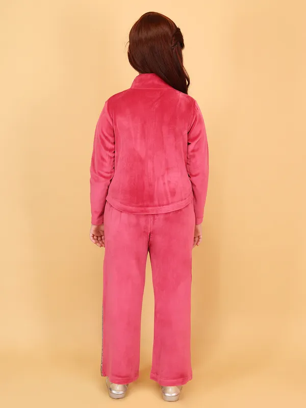 Cutecumber_Fuchsia_Winter_Track_Suit_Set_For_Girls'_Mock_Neck_Full_Sleeve_Straight_Fit_Trouser_Set_Metallic_Stripes_Stylish_Full_Zipper_Closure_Casual_Party_Outfit_for_Baby_Girls_&_Kids_Age_1-15_Yrs