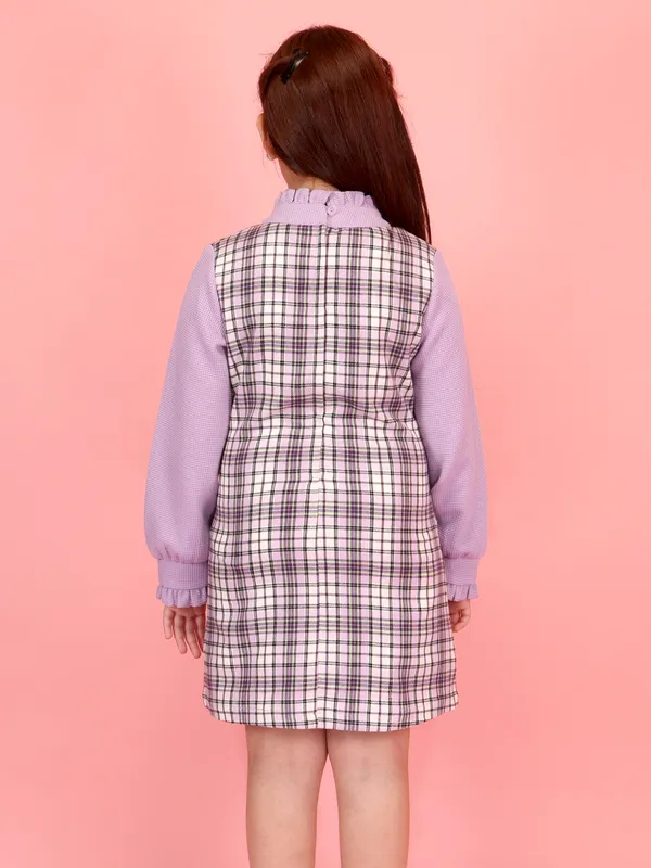 Cutecumber_Purple_Winter_Party_Dress_for_Girls'_Check_Plaid_Ruffled_Mock_Neck_Full_Sleeve_A-Line_Mini_Frock_Waffle_Knit_Fabric_Easy_Zip_Closure_Casual_Outfit_for_Baby_Girls_&_Kids_Age_1-15_Yrs