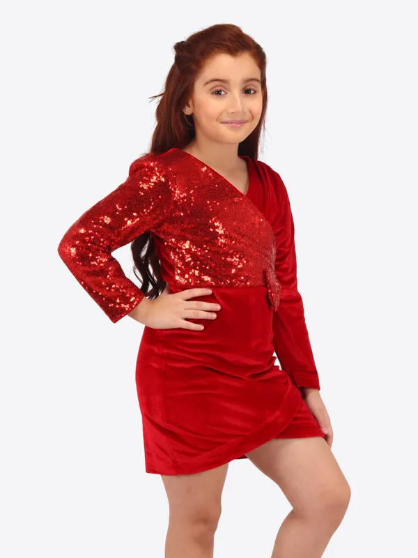 Cutecumber_Red_Asymmetric_Velvet_Dress_for_Girls_-_Sequined_Accents,_Cozy_Stretch_Fit,_and_V_Neck_Age_(1-15_Y)|_CC8669D-RED