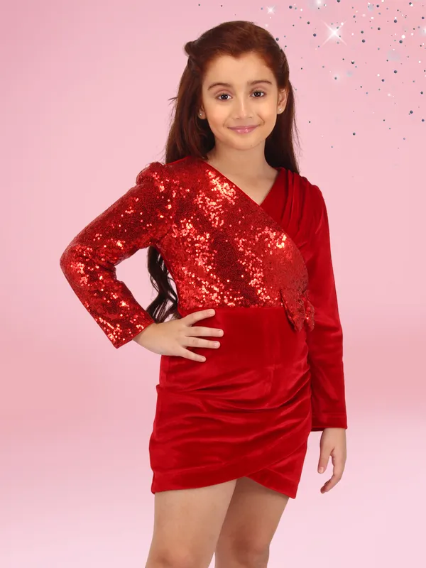 Cutecumber_Red_Asymmetric_Velvet_Dress_for_Girls_-_Sequined_Accents,_Cozy_Stretch_Fit,_and_V_Neck_Age_(1-15_Y)|_CC8669D-RED