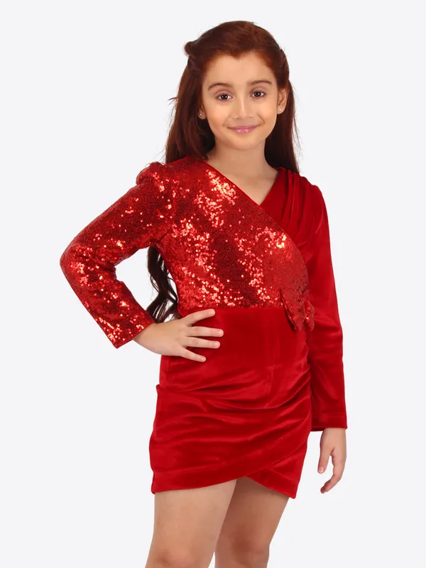 Cutecumber_Red_Asymmetric_Velvet_Dress_for_Girls_-_Sequined_Accents,_Cozy_Stretch_Fit,_and_V_Neck_Age_(1-15_Y)|_CC8669D-RED