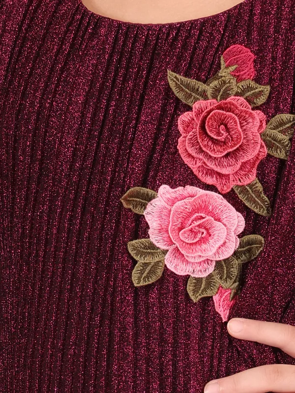 Cutecumber_Winter_Suede_Party_Dress_for_Girls_Maroon_Glitter_Round_Neck_Full_Sleeve_Knee-Length_Frock_Rose_Embroidery_Zip_Closure_Wedding_Birthday_Party_Outfit_for_Baby_Girls_&_Kids_Age_1-15_Yrs