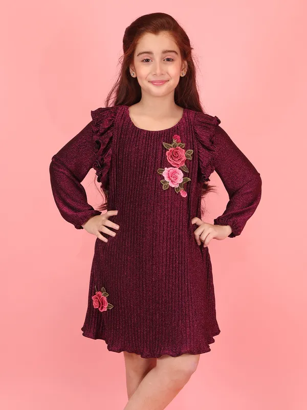 Cutecumber_Winter_Suede_Party_Dress_for_Girls_Maroon_Glitter_Round_Neck_Full_Sleeve_Knee-Length_Frock_Rose_Embroidery_Zip_Closure_Wedding_Birthday_Party_Outfit_for_Baby_Girls_&_Kids_Age_1-15_Yrs