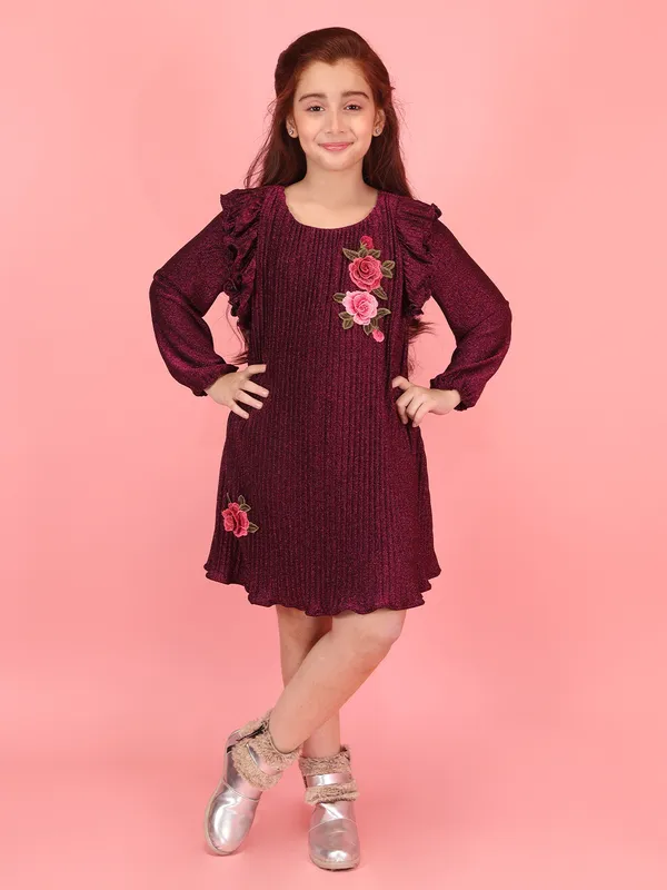Cutecumber_Winter_Suede_Party_Dress_for_Girls_Maroon_Glitter_Round_Neck_Full_Sleeve_Knee-Length_Frock_Rose_Embroidery_Zip_Closure_Wedding_Birthday_Party_Outfit_for_Baby_Girls_&_Kids_Age_1-15_Yrs