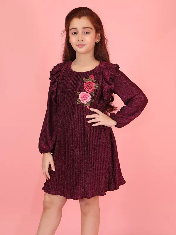 Cutecumber_Winter_Suede_Party_Dress_for_Girls_Maroon_Glitter_Round_Neck_Full_Sleeve_Knee-Length_Frock_Rose_Embroidery_Zip_Closure_Wedding_Birthday_Party_Outfit_for_Baby_Girls_&_Kids_Age_1-15_Yrs