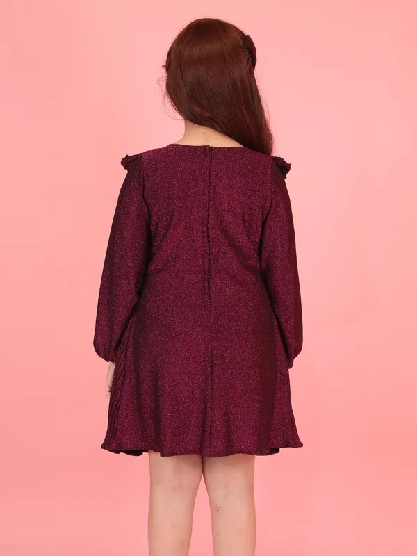 Cutecumber_Winter_Suede_Party_Dress_for_Girls_Maroon_Glitter_Round_Neck_Full_Sleeve_Knee-Length_Frock_Rose_Embroidery_Zip_Closure_Wedding_Birthday_Party_Outfit_for_Baby_Girls_&_Kids_Age_1-15_Yrs