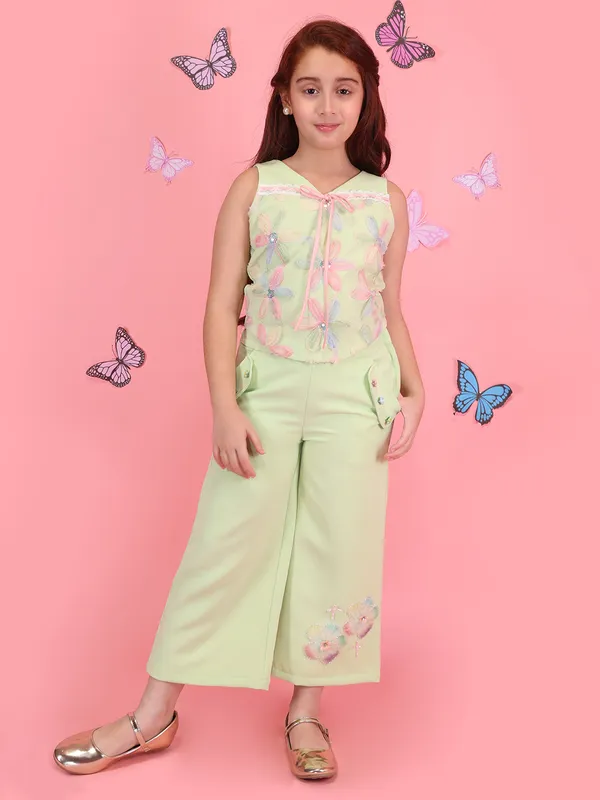 Cutecumber_Girls_Green_Summer_Two_Piece_Clothing_Set_Flocking_Net_and_Polyester_Fabric_Zip_Closure_Sleeveless_V_Neck_Top_with_Palazzo_Pants_Plain_Cuff_Stylish_Baby_Girls_&_Kids_1-15_Yrs