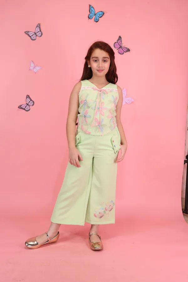 Cutecumber_Girls_Green_Summer_Two_Piece_Clothing_Set_Flocking_Net_and_Polyester_Fabric_Zip_Closure_Sleeveless_V_Neck_Top_with_Palazzo_Pants_Plain_Cuff_Stylish_Baby_Girls_&_Kids_1-15_Yrs