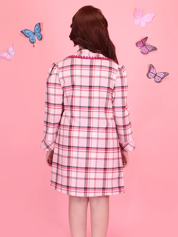 Cutecumber_Girls'_Pink_Check_Winter_Long_Coat_Two_Piece_Dress_Set_for_Baby_Girls_and_Kids_1_to_15_Years_with_Lapel_Collar_Glitter_Chenille_Fabric_Stylish_Sleeveless_Inner_Dress_Festive_Kids_Outfit