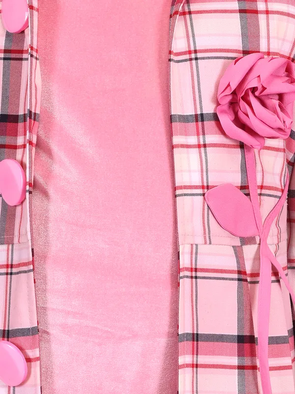Cutecumber_Girls'_Pink_Check_Winter_Long_Coat_Two_Piece_Dress_Set_for_Baby_Girls_and_Kids_1_to_15_Years_with_Lapel_Collar_Glitter_Chenille_Fabric_Stylish_Sleeveless_Inner_Dress_Festive_Kids_Outfit
