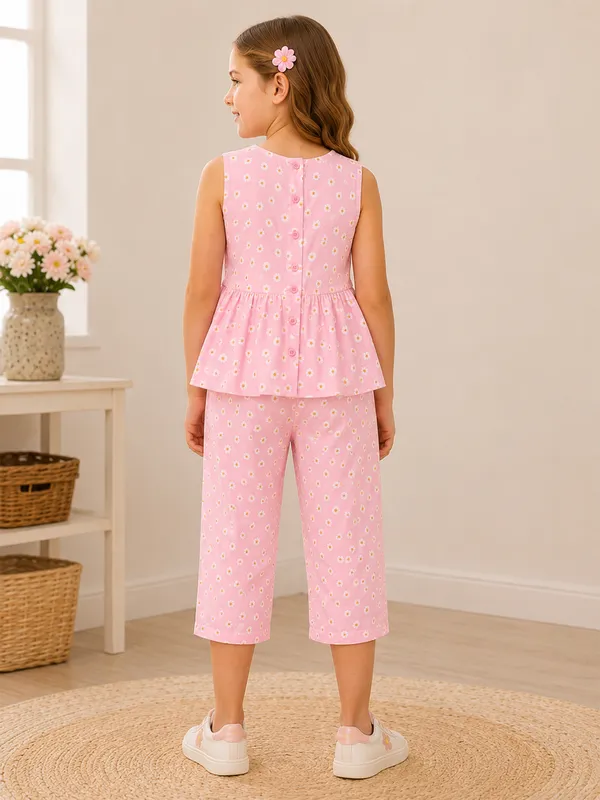Cutecumber_Girls_Pink_Printed_Georgette_Coord_Set_with_Floral_Embroidery_Sleeveless_Peplum_Top_Palazzo_Pants_Cotton_Lining_Birthday_Party_Casual_Outfit_For_Baby_Girls_&_Kids_Age_1-15_Yrs