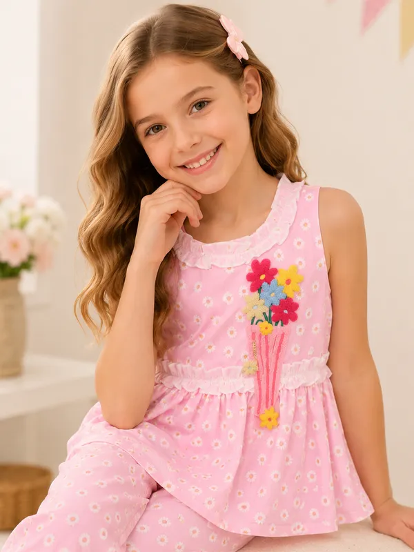 Cutecumber_Girls_Pink_Printed_Georgette_Coord_Set_with_Floral_Embroidery_Sleeveless_Peplum_Top_Palazzo_Pants_Cotton_Lining_Birthday_Party_Casual_Outfit_For_Baby_Girls_&_Kids_Age_1-15_Yrs