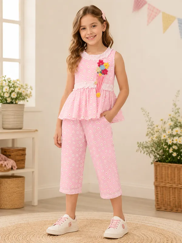 Cutecumber_Girls_Pink_Printed_Georgette_Coord_Set_with_Floral_Embroidery_Sleeveless_Peplum_Top_Palazzo_Pants_Cotton_Lining_Birthday_Party_Casual_Outfit_For_Baby_Girls_&_Kids_Age_1-15_Yrs