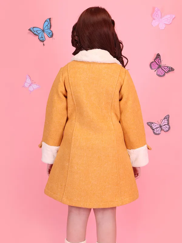 Cutecumber_Girls_Winter_Party_Outfit_Mustard_Fur_Coat_Dress_A_Line_Tweed_Fabric_with_Button_Closure_for_Baby_Girls_and_Kids_Age_1_to_15_Yrs_Lapel_Collar_Stylish_Warm,_Winter_Dress
