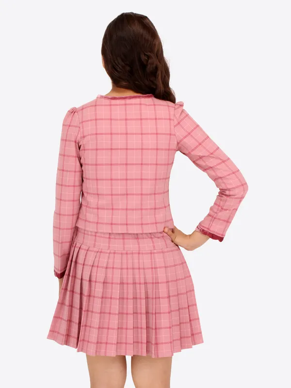 Cutecumber_Girls_Check_Fabric_&_Chenille_Checkered_Clothing_Set.Full_Sleeves_V_neck_Top_with_Box_Pleated_Skirt.CC7762AB-DUSTYPINK