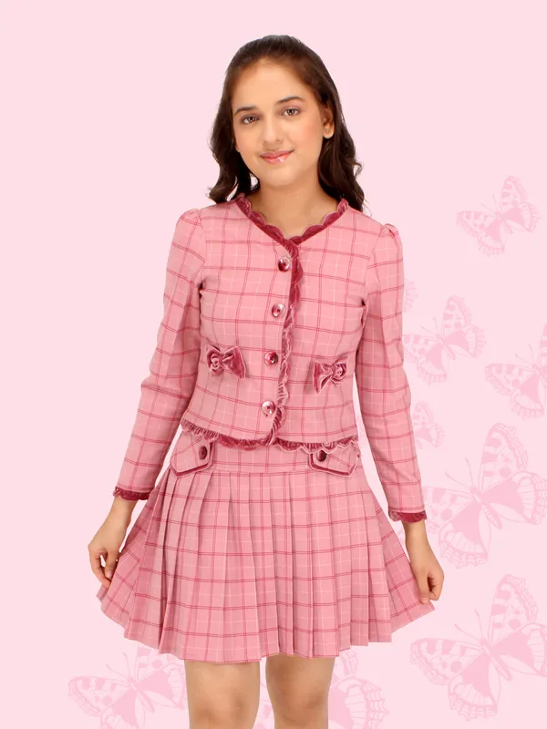Cutecumber_Girls_Check_Fabric_&_Chenille_Checkered_Clothing_Set.Full_Sleeves_V_neck_Top_with_Box_Pleated_Skirt.CC7762AB-DUSTYPINK