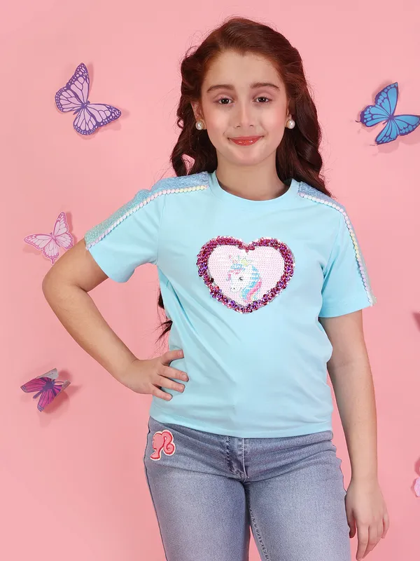 Cutecumber_Girls_Blue_Short_Sleeve_Knit_T-Shirt_Top_Unicorn_Applique_Plain_Casual_Soft_Stretch_Summer_Tee_with_Button_Detail_Outfit_for_Baby_Girls_&_Kids_Age_1-15_Yrs